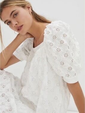 Maeve White Eyelet  Puff-Sleeve Mini Dress